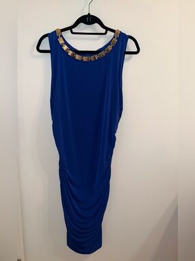🔥Calvin Klein royal blue sleeveless dress gold chain neckline and side ruching